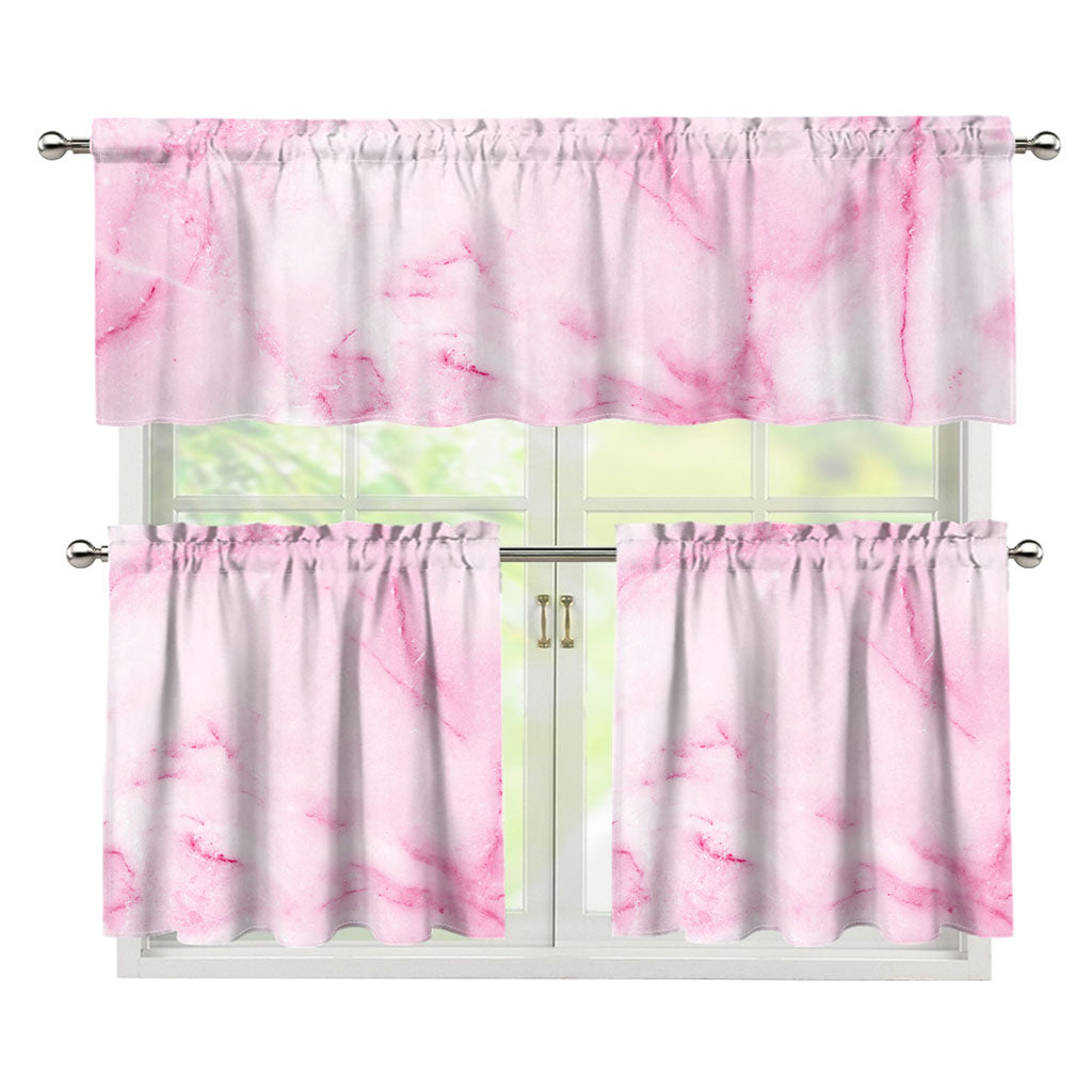 White Pink Marble Print 3 Piece Kitchen Curtains