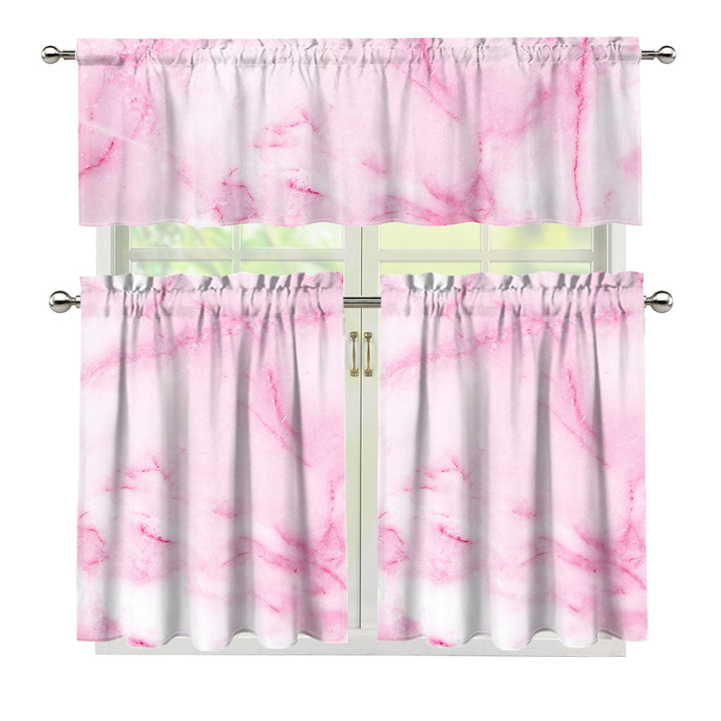 White Pink Marble Print 3 Piece Kitchen Curtains