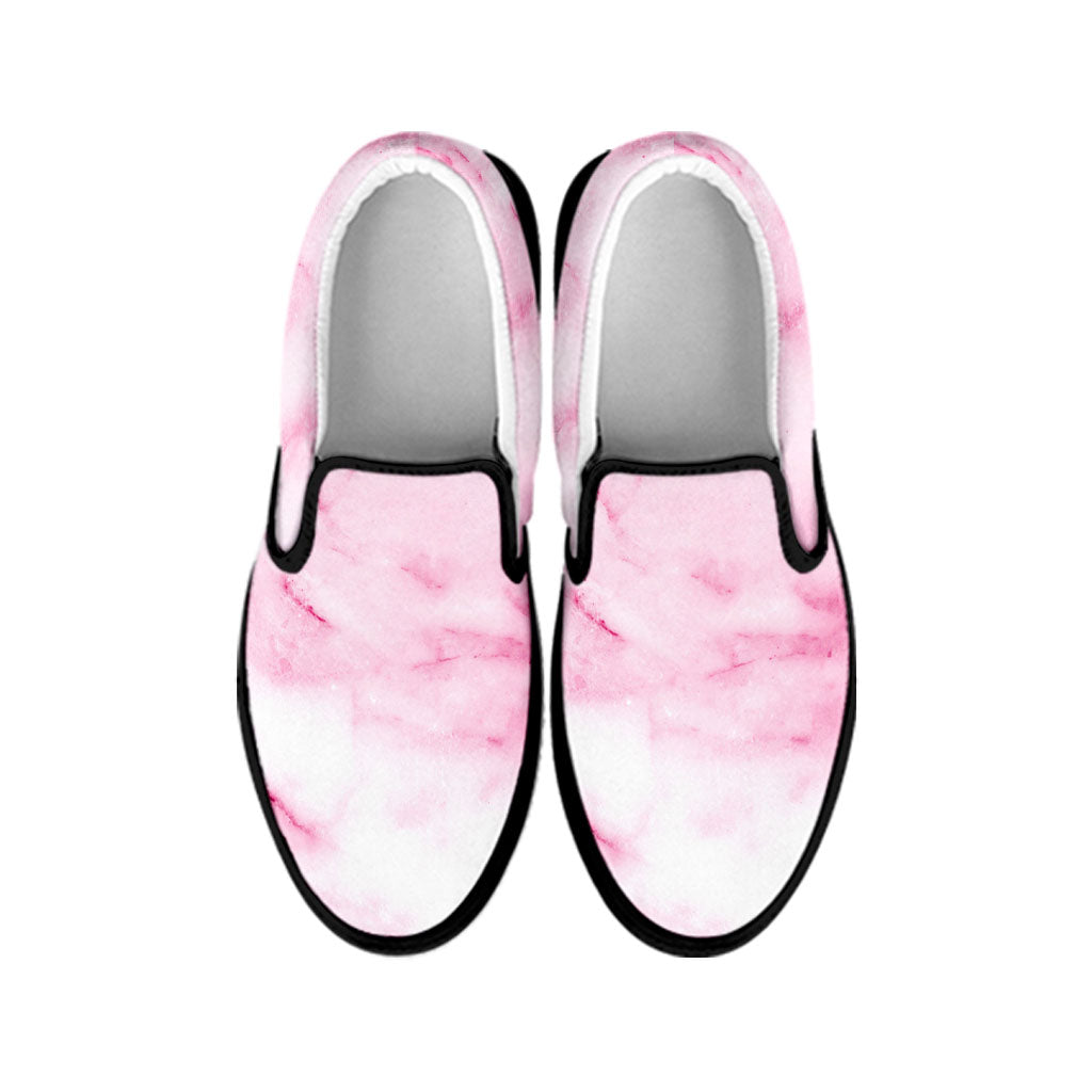 White Pink Marble Print Black Slip On Sneakers