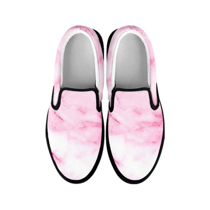 White Pink Marble Print Black Slip On Sneakers