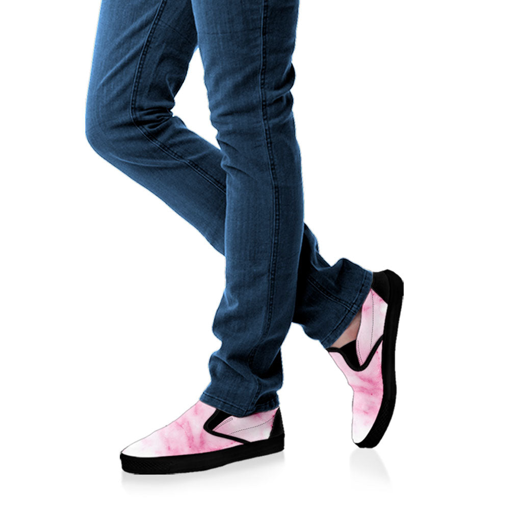 White Pink Marble Print Black Slip On Sneakers