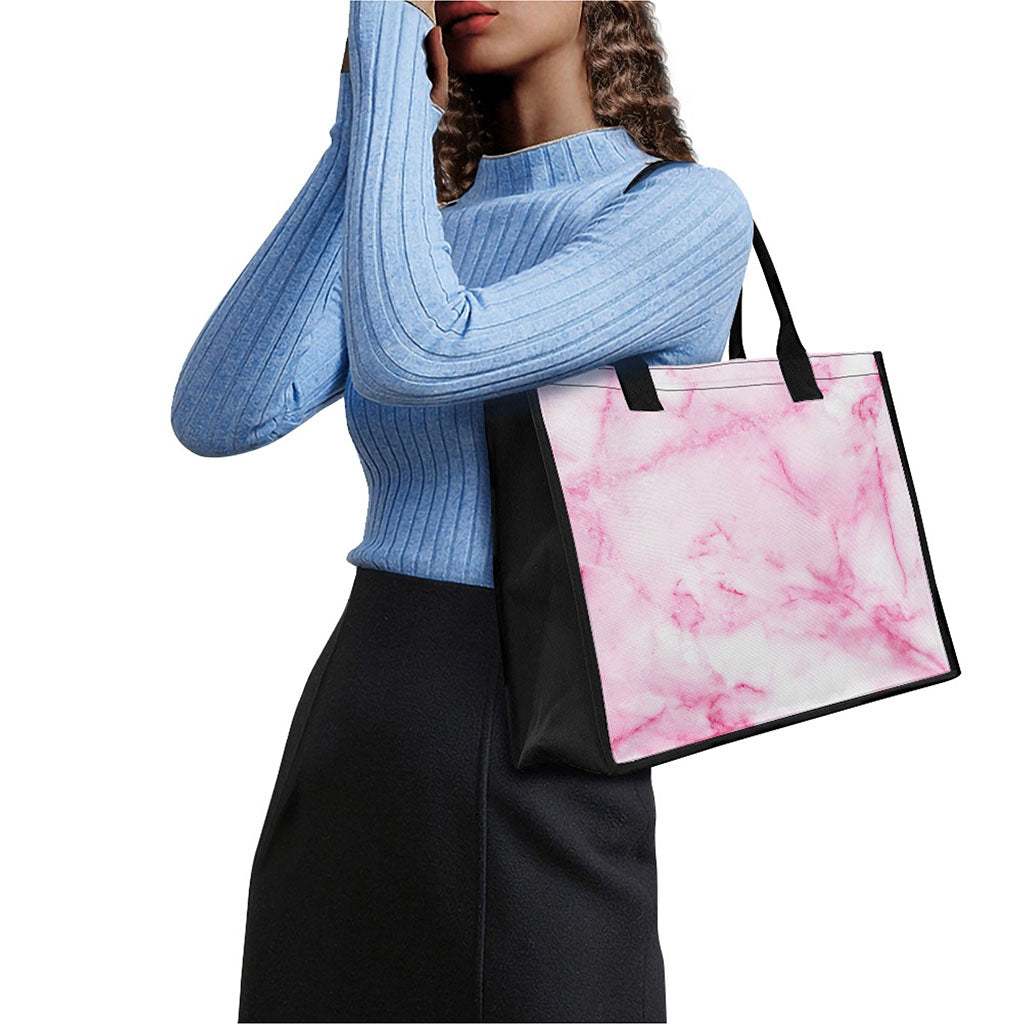 White Pink Marble Print Canvas Tote Bag