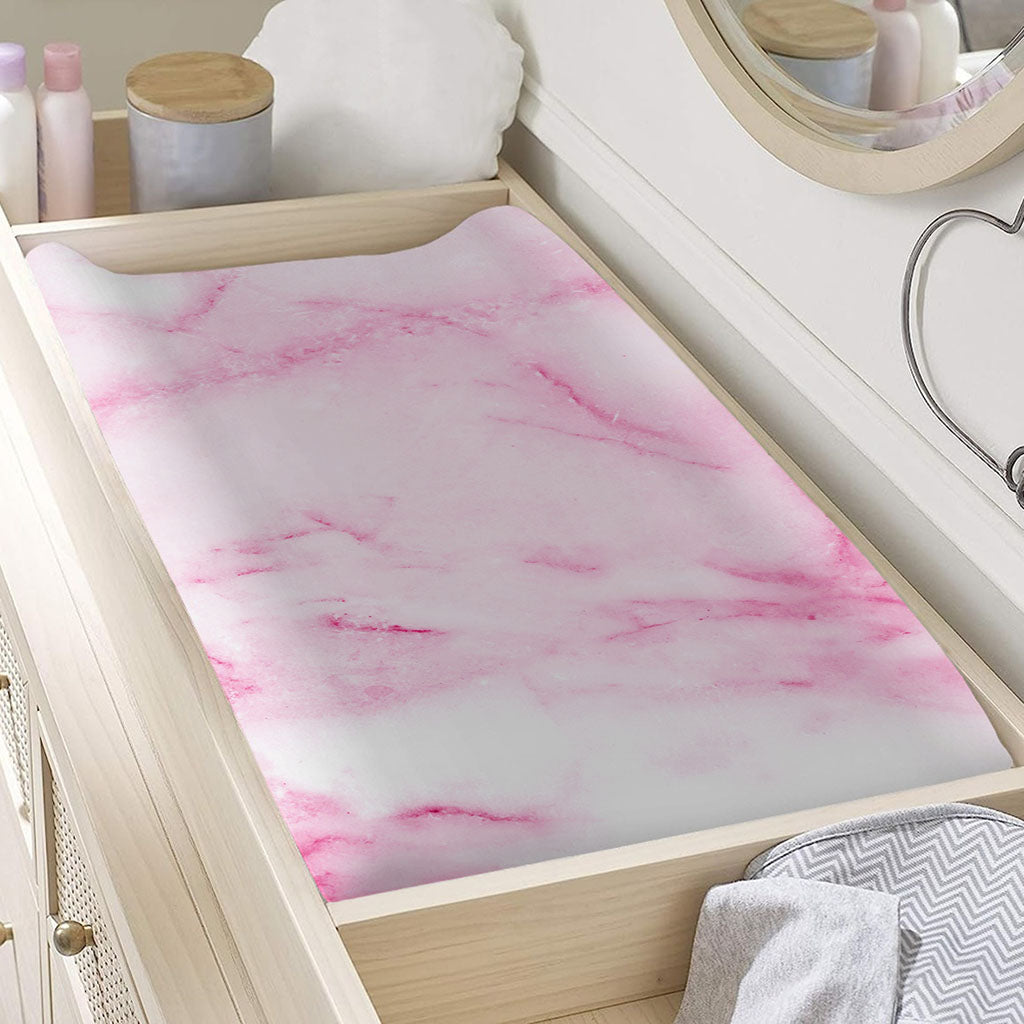 White Pink Marble Print Changing Pad Cover