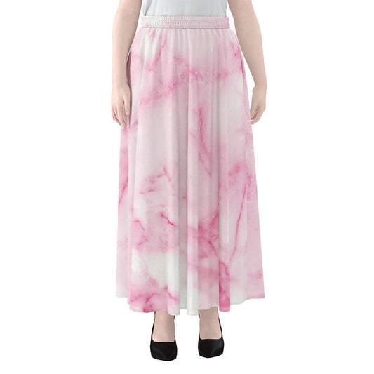White Pink Marble Print Chiffon Maxi Skirt