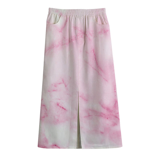 White Pink Marble Print Cotton Front Slit Maxi Skirt