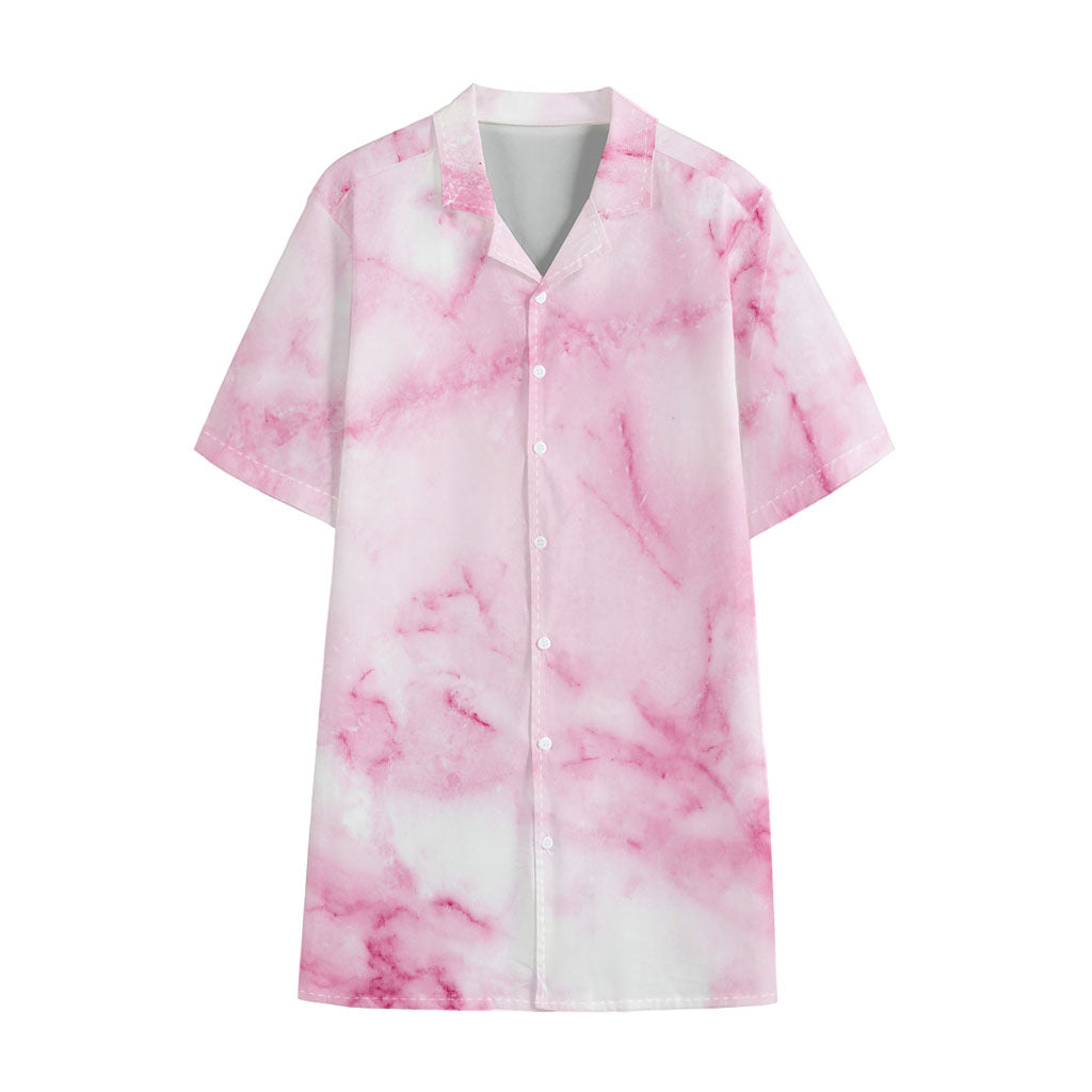White Pink Marble Print Cotton Hawaiian Shirt