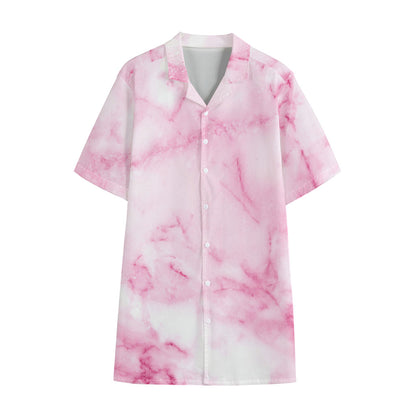 White Pink Marble Print Cotton Hawaiian Shirt