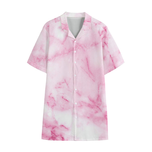 White Pink Marble Print Cotton Hawaiian Shirt