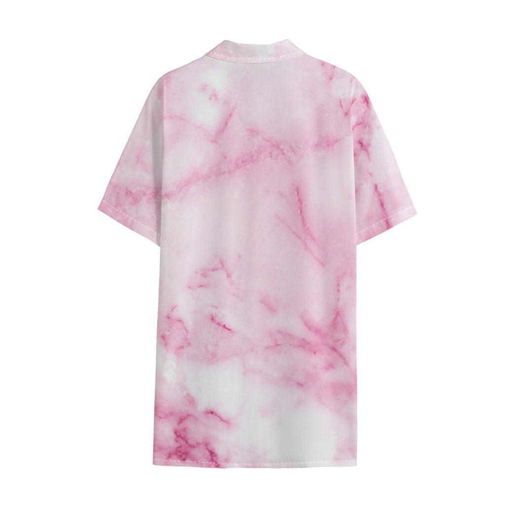 White Pink Marble Print Cotton Hawaiian Shirt