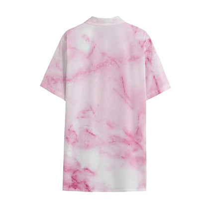 White Pink Marble Print Cotton Hawaiian Shirt