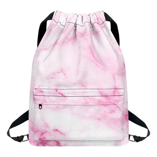 White Pink Marble Print Drawstring Backpack