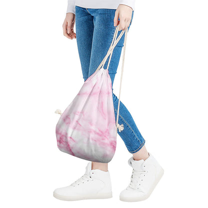 White Pink Marble Print Drawstring Bag