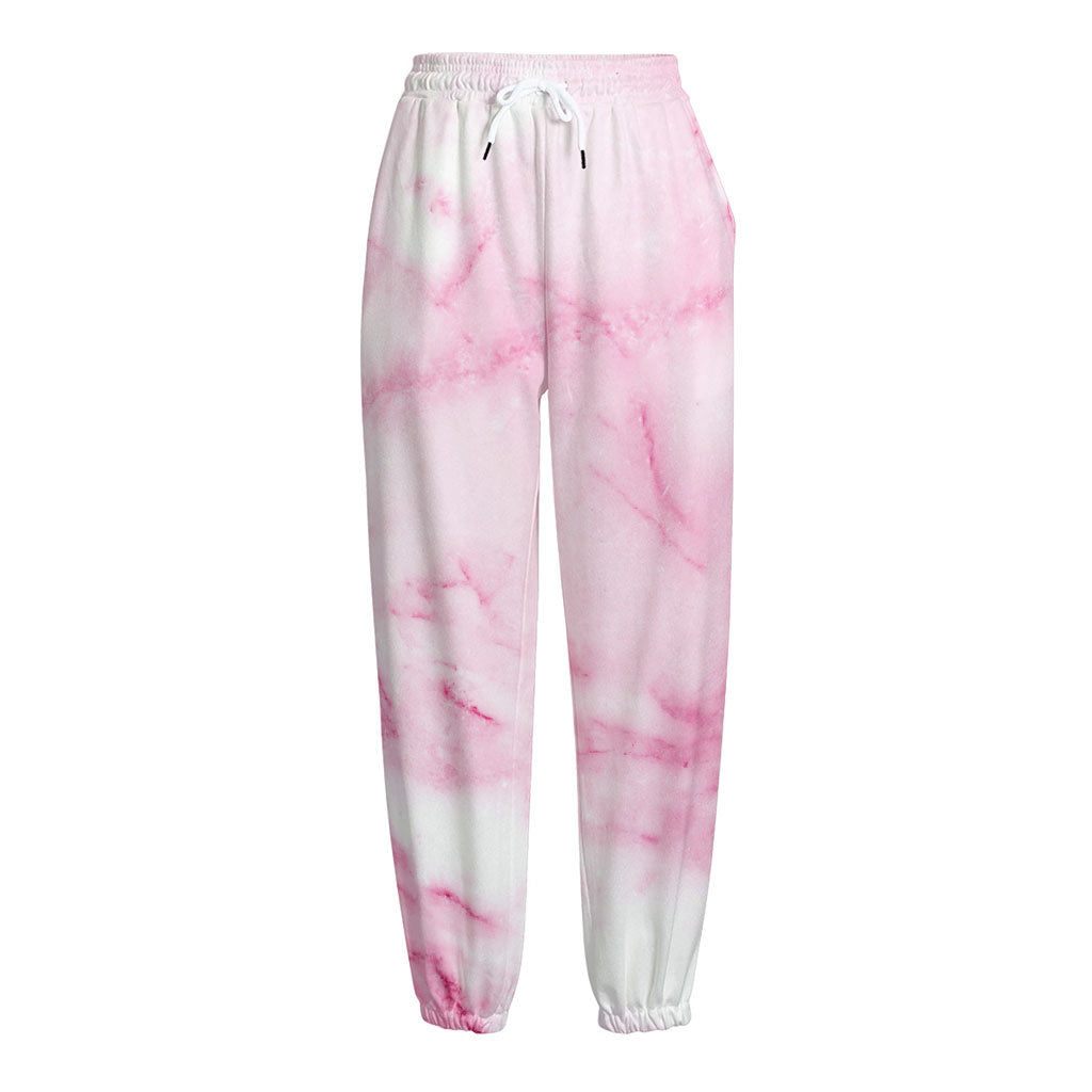White Pink Marble Print Fleece Lined Knit Pants