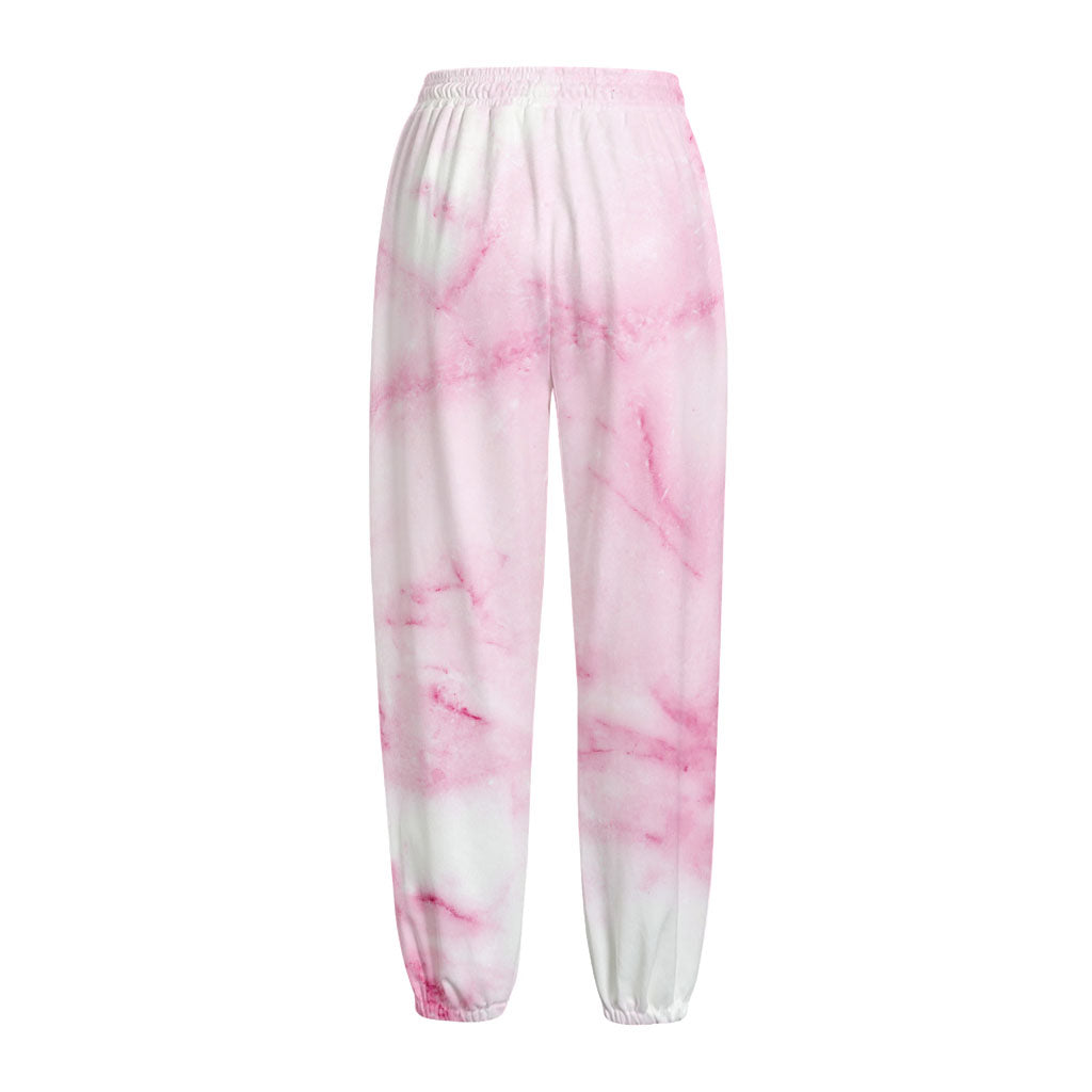 White Pink Marble Print Fleece Lined Knit Pants