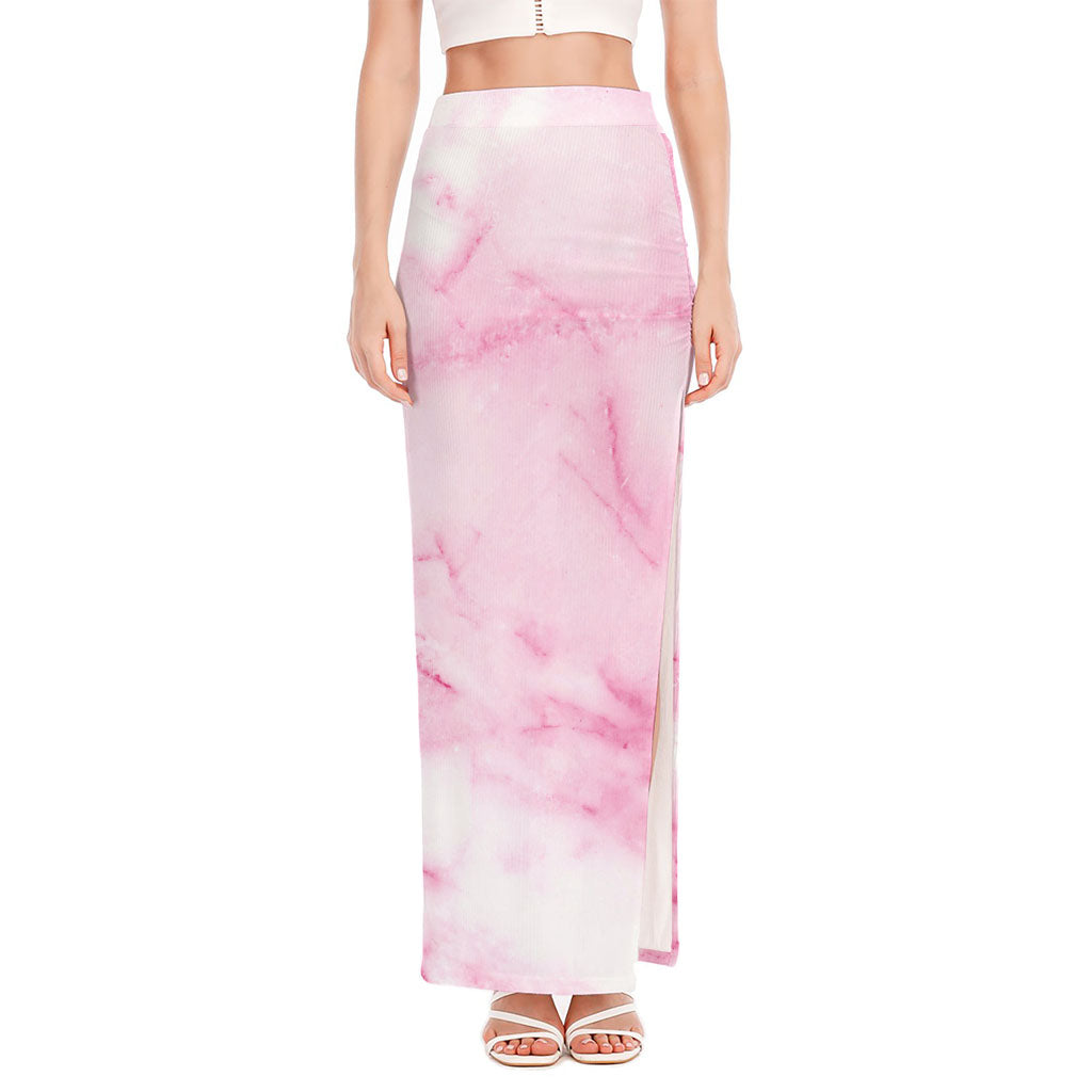 White Pink Marble Print High Slit Maxi Skirt