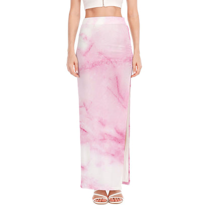 White Pink Marble Print High Slit Maxi Skirt