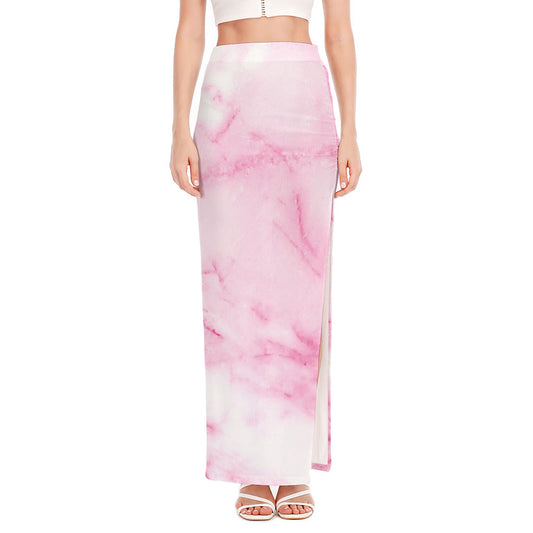 White Pink Marble Print High Slit Maxi Skirt