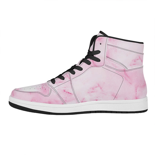 White Pink Marble Print High Top Leather Sneakers