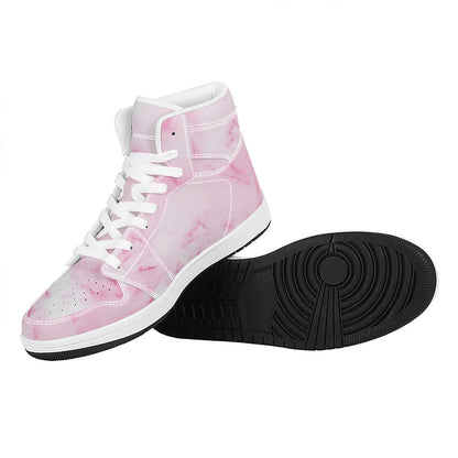 White Pink Marble Print High Top Leather Sneakers