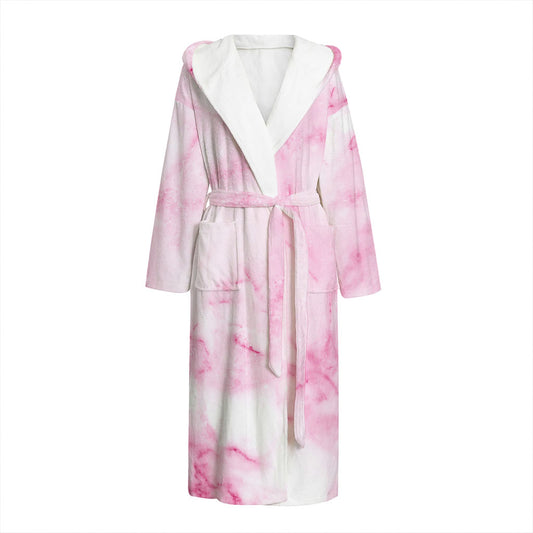 White Pink Marble Print Hooded Bathrobe