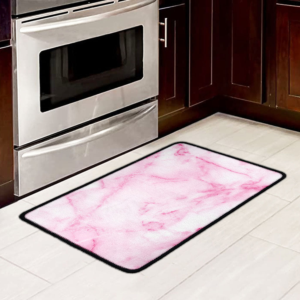 White Pink Marble Print Kitchen Mat