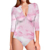 White Pink Marble Print Long Sleeve Swimsuit