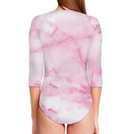 White Pink Marble Print Long Sleeve Swimsuit