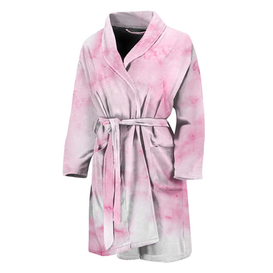 White Pink Marble Print Men's Bathrobe