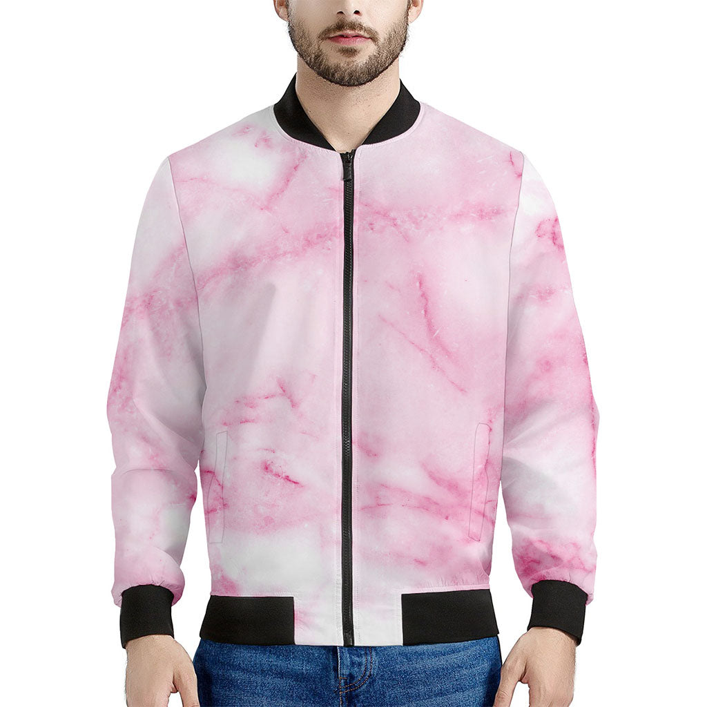 White Pink Marble Print Men's Bomber Jacket