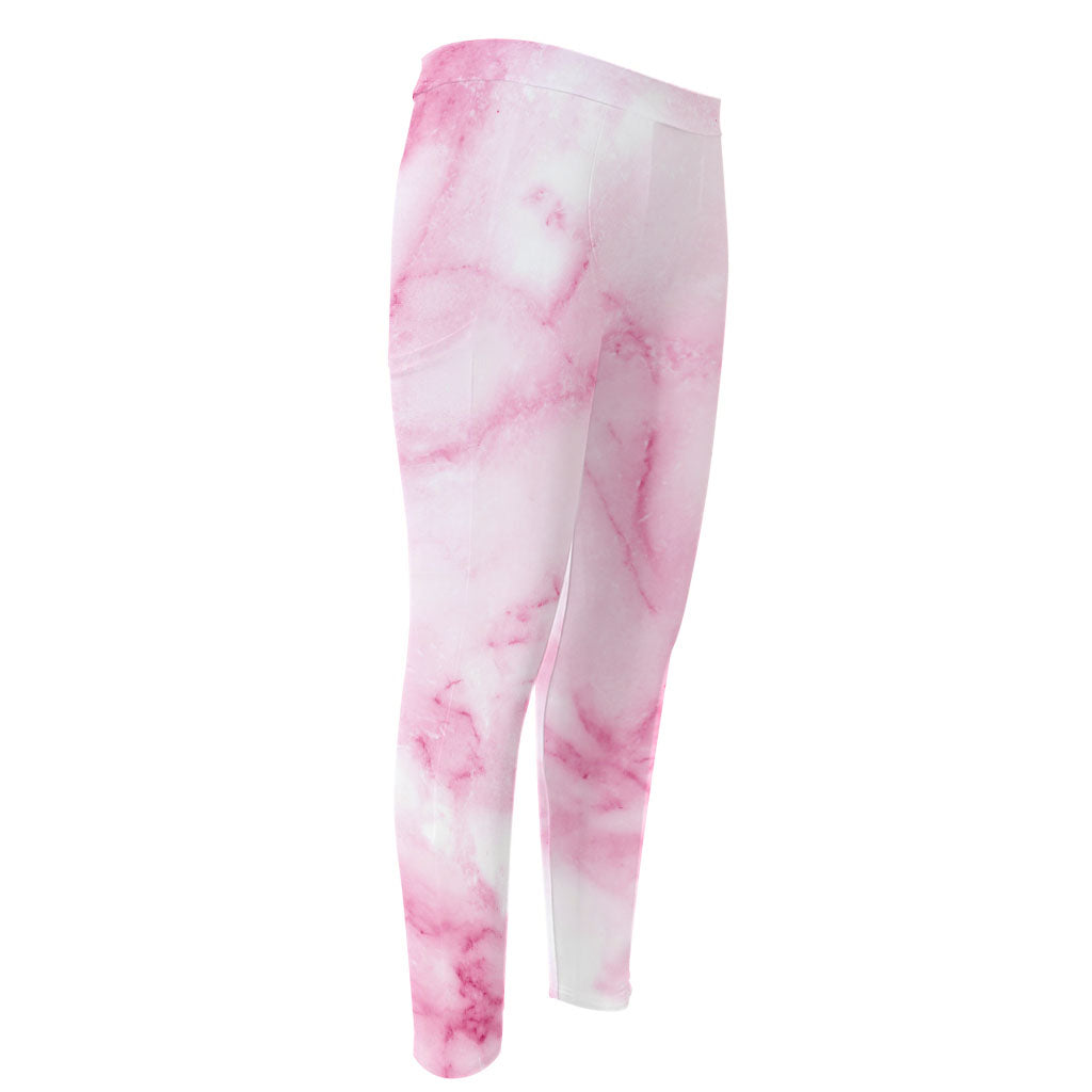 White Pink Marble Print Men's Compression Pants