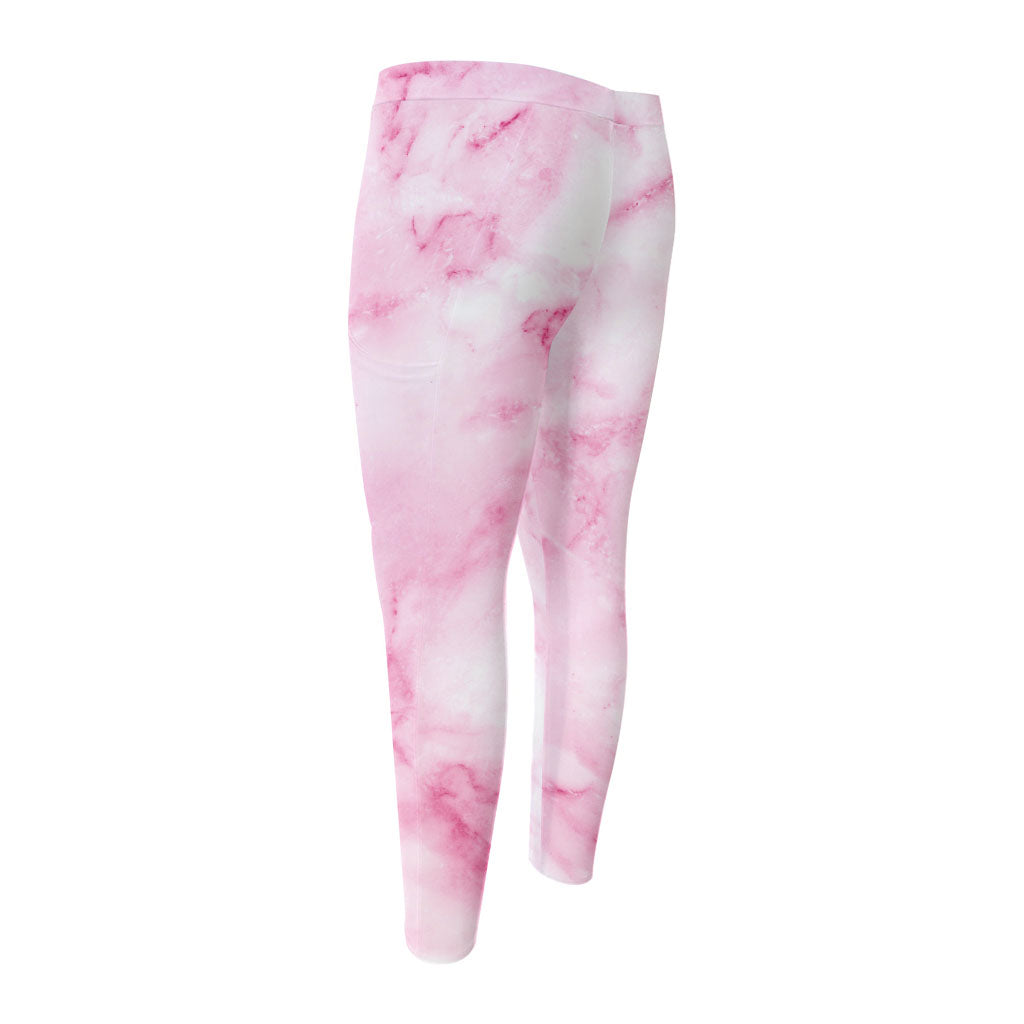 White Pink Marble Print Men's Compression Pants