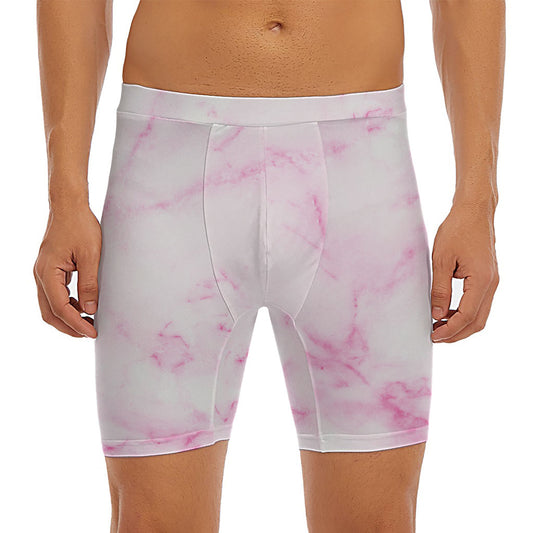 White Pink Marble Print Men's Long Boxer Briefs