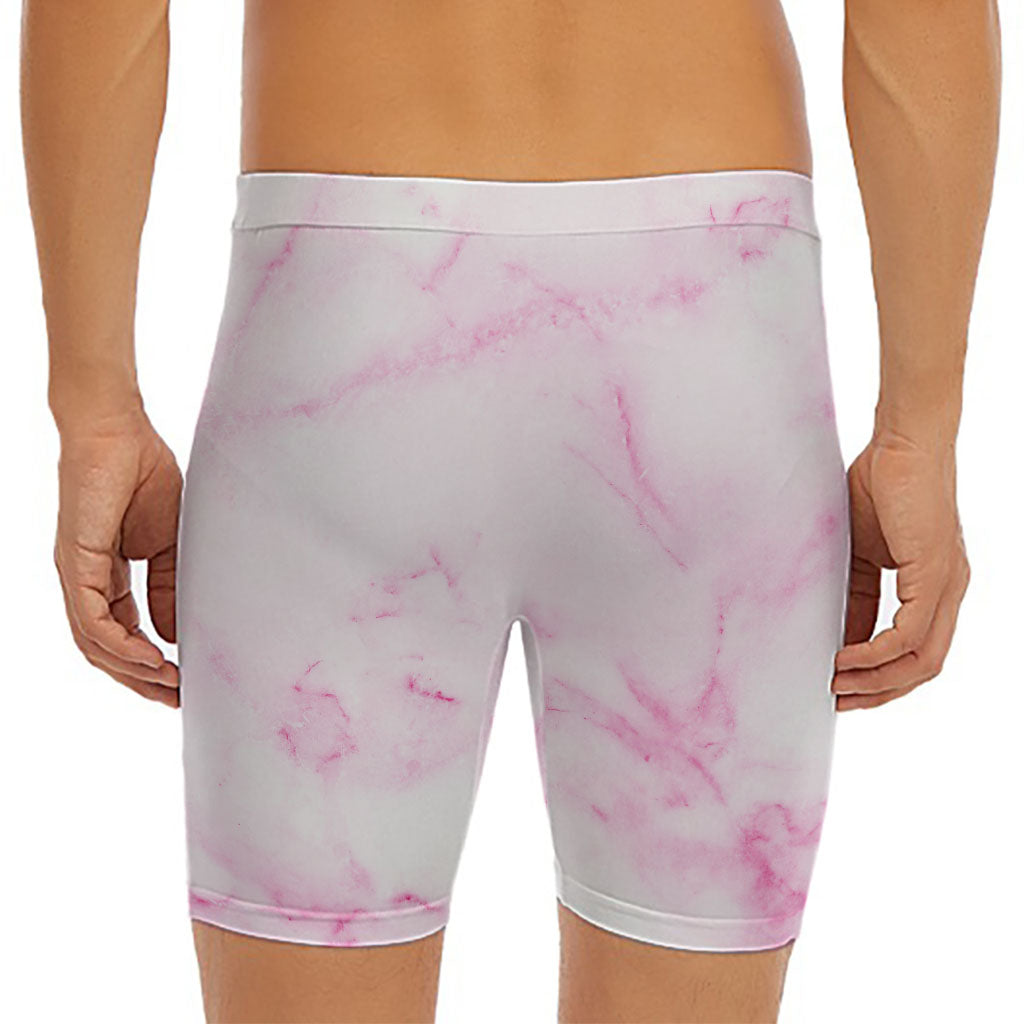 White Pink Marble Print Men's Long Boxer Briefs