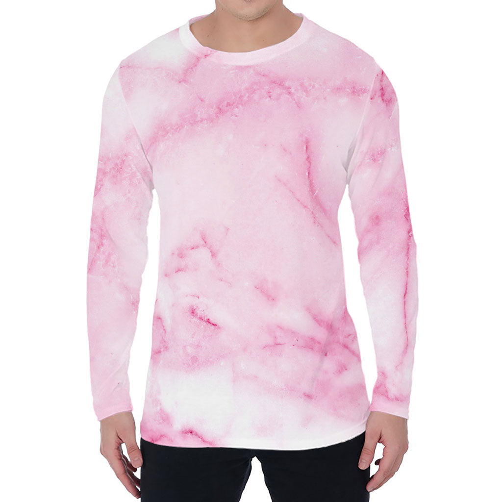 White Pink Marble Print Men's Long Sleeve T-Shirt
