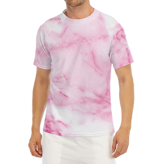 White Pink Marble Print Men's Short Sleeve Rash Guard