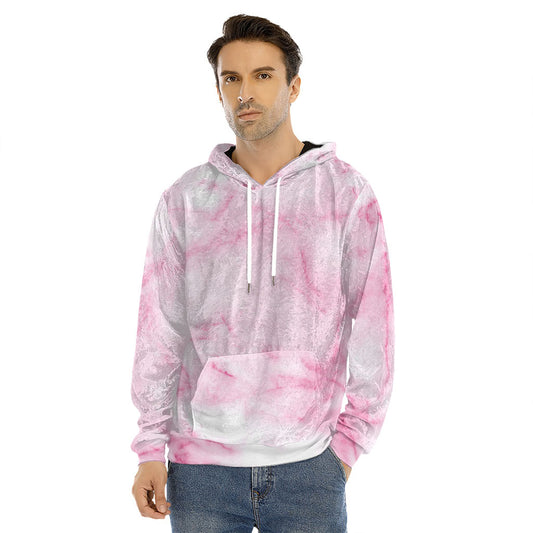 White Pink Marble Print Men's Velvet Pullover Hoodie