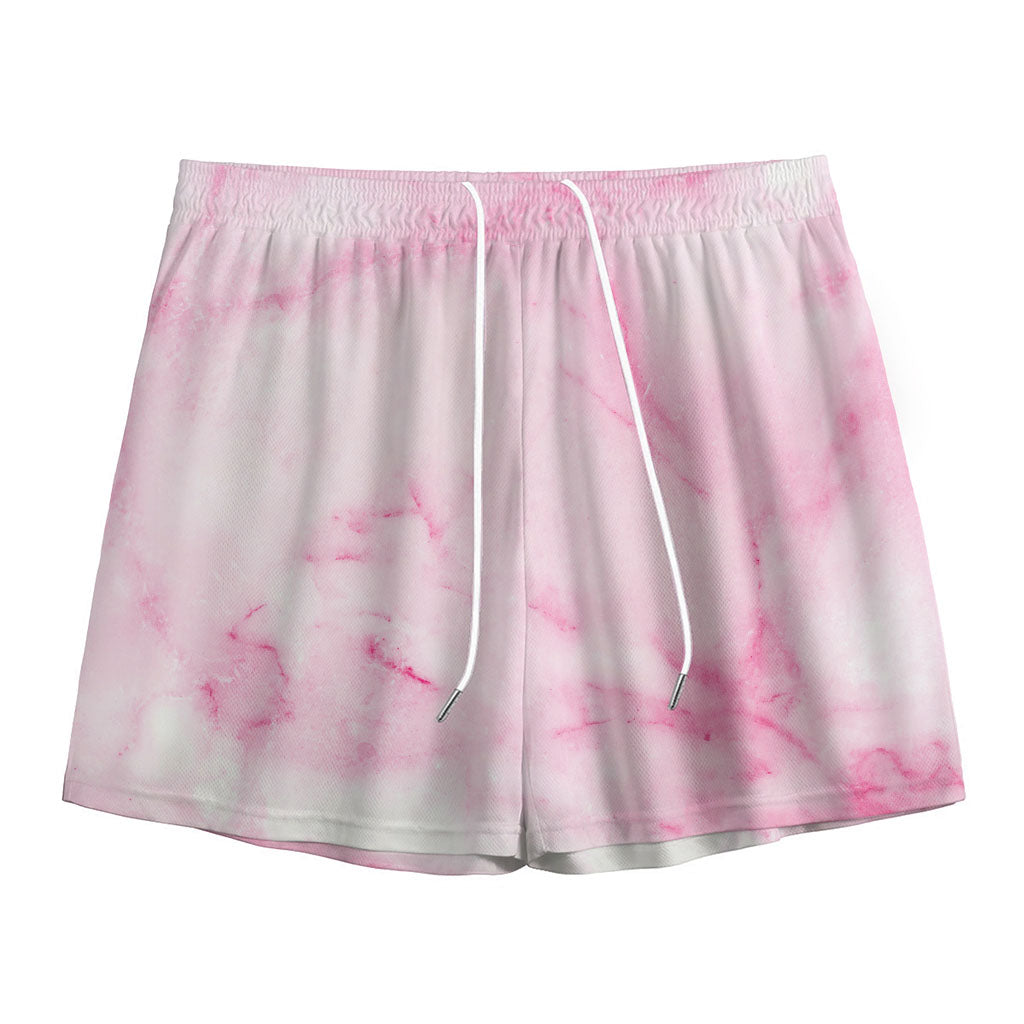 White Pink Marble Print Mesh Shorts