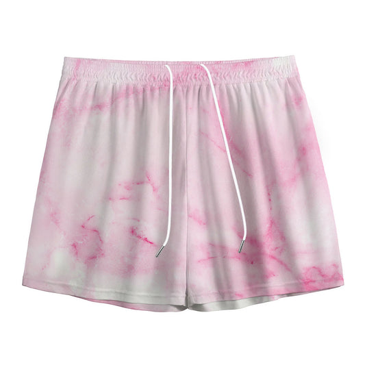 White Pink Marble Print Mesh Shorts