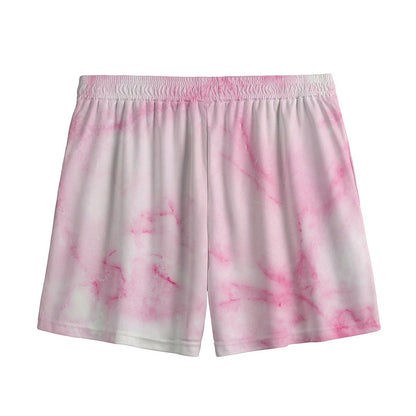 White Pink Marble Print Mesh Shorts