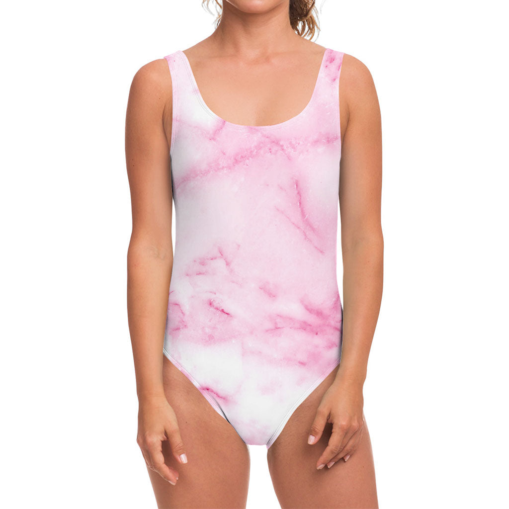 White Pink Marble Print One Piece Swimsuit