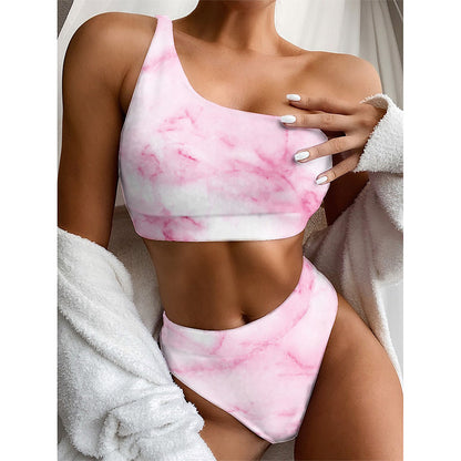 White Pink Marble Print One Shoulder Bikini Top