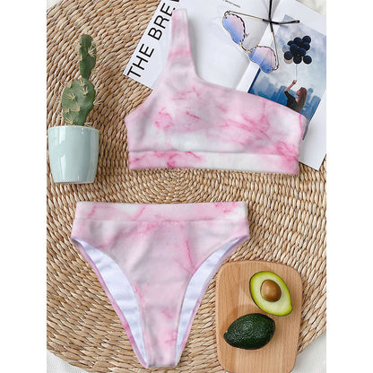 White Pink Marble Print One Shoulder Bikini Top