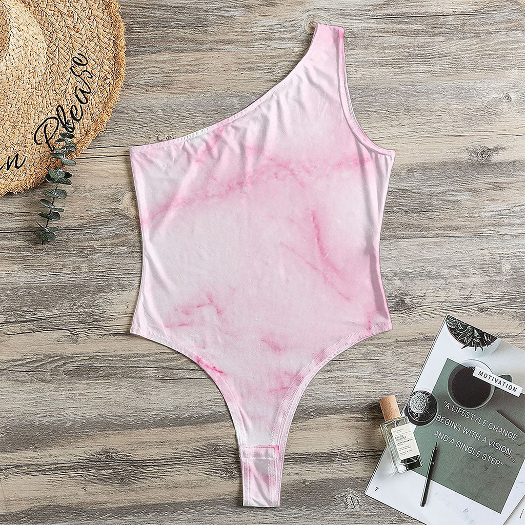 White Pink Marble Print One Shoulder Bodysuit