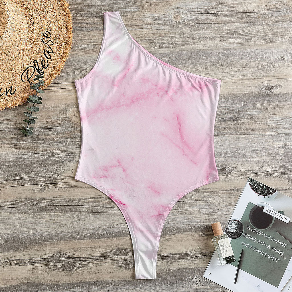 White Pink Marble Print One Shoulder Bodysuit