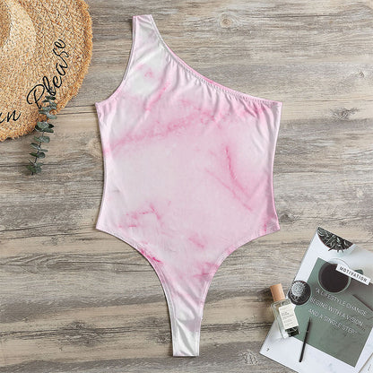 White Pink Marble Print One Shoulder Bodysuit
