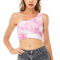 White Pink Marble Print One Shoulder Crop Top