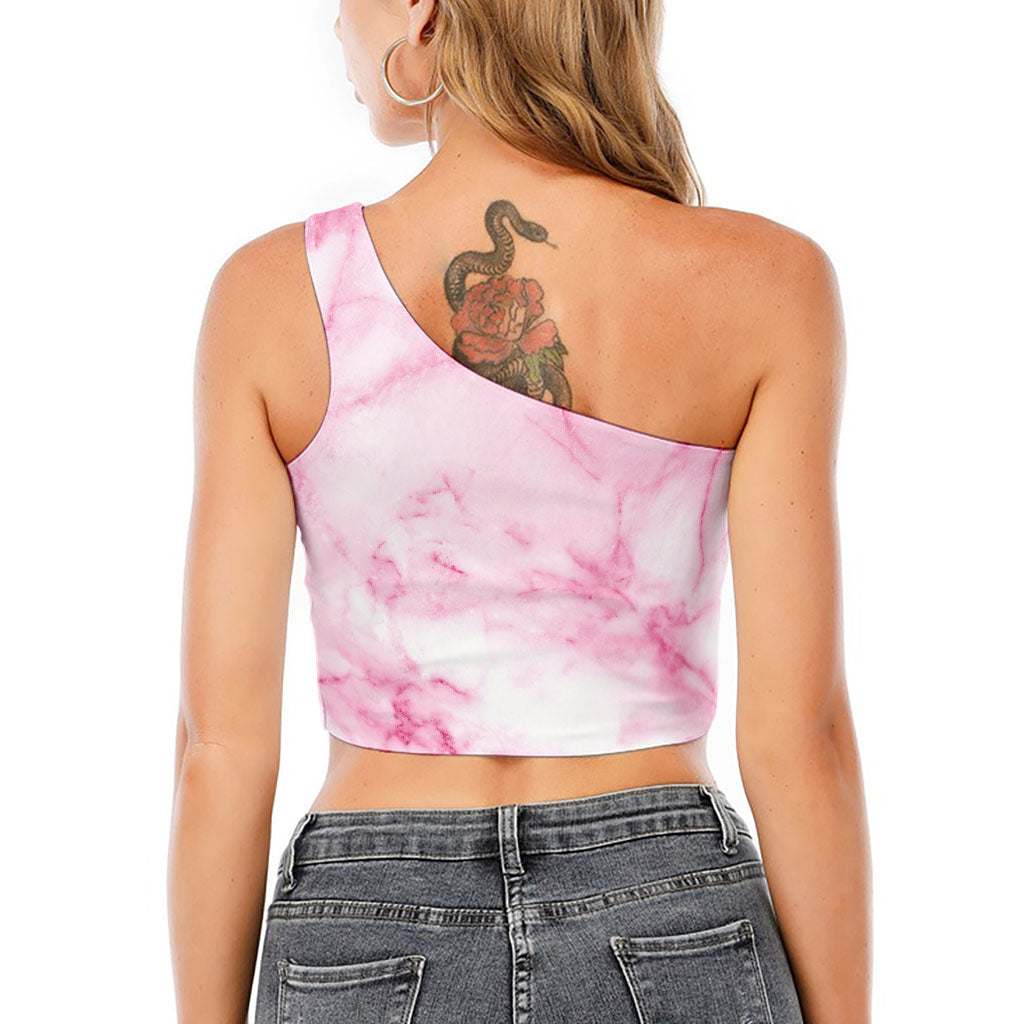 White Pink Marble Print One Shoulder Crop Top