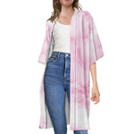 White Pink Marble Print Open Front Beach Cover Up
