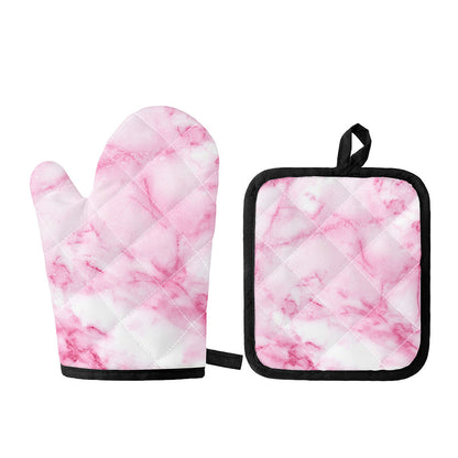 White Pink Marble Print Oven Mitt And Pot Holder Set