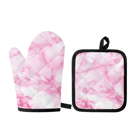 White Pink Marble Print Oven Mitt And Pot Holder Set